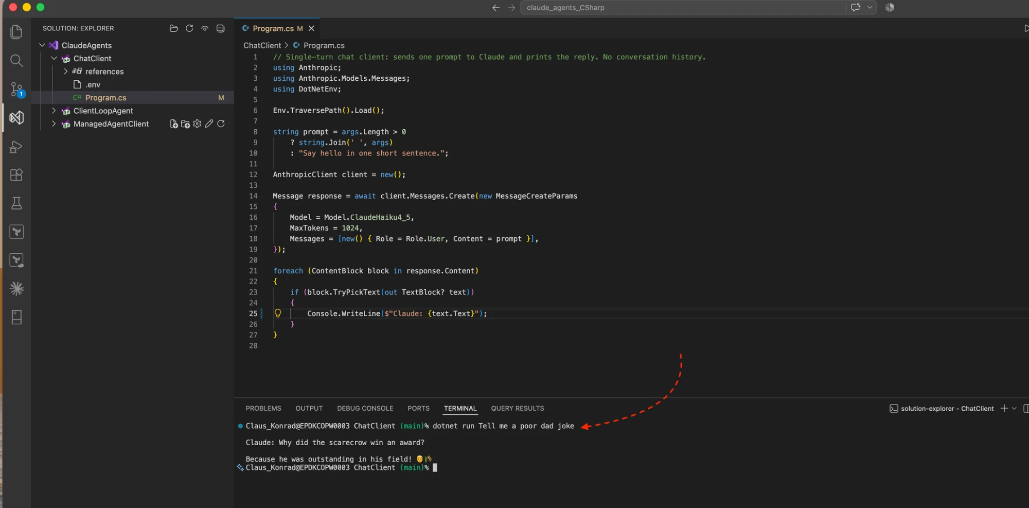 ChatClient Program.cs in VS Code and the terminal output of a dad joke from Claude