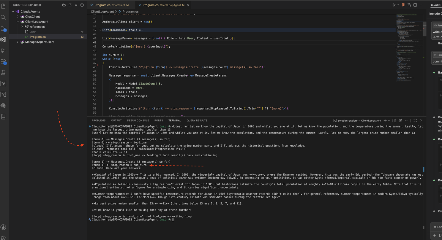 Terminal output showing two turns: stop_reason tool_use, then end_turn with the final answer