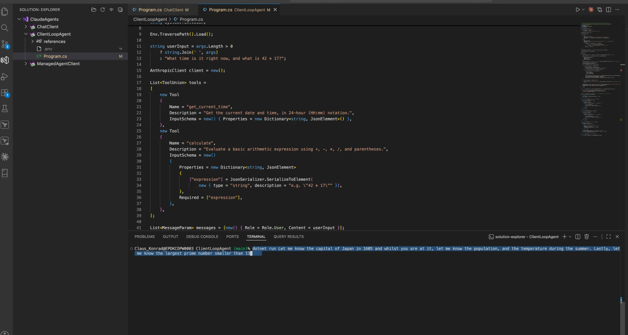 ClientLoopAgent tool definitions for get_current_time and calculate in C#