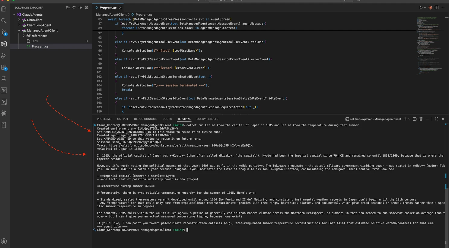 Terminal output of ManagedAgentClient: created environment and agent, session link, and the streamed answer about Japan in 1605