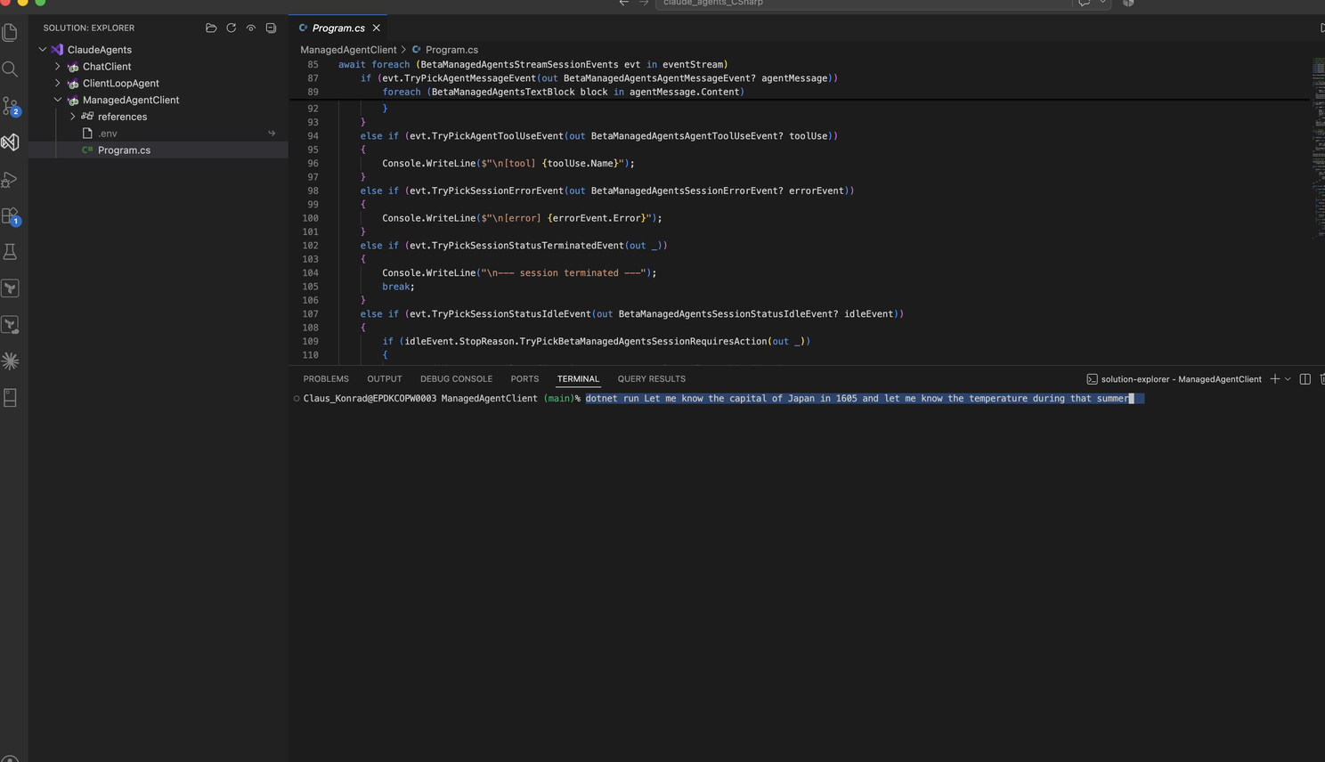 ManagedAgentClient event-handling loop and the dotnet run command in the terminal